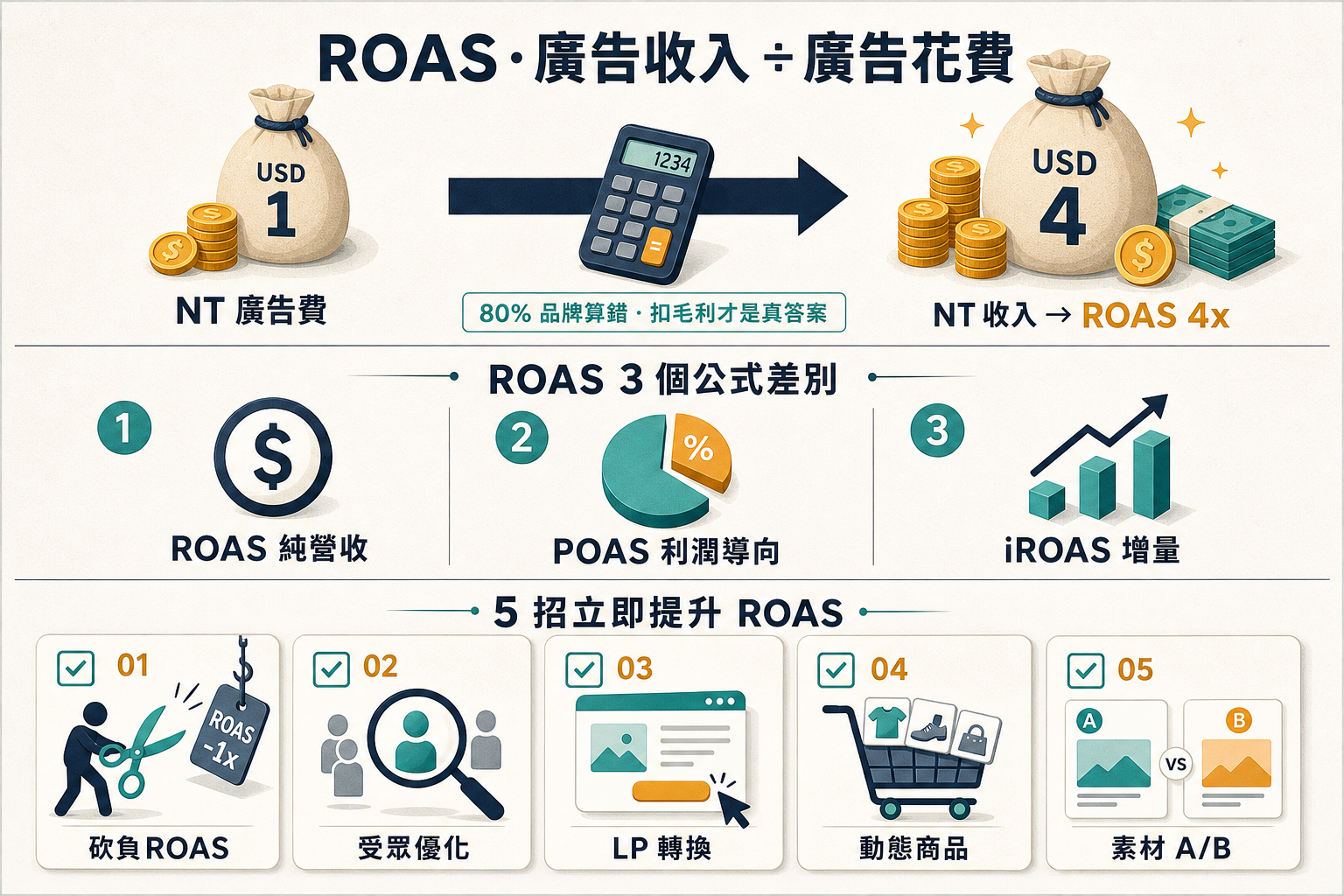 ROAS 完整指南 計算公式 標竿 5 招提升資訊圖